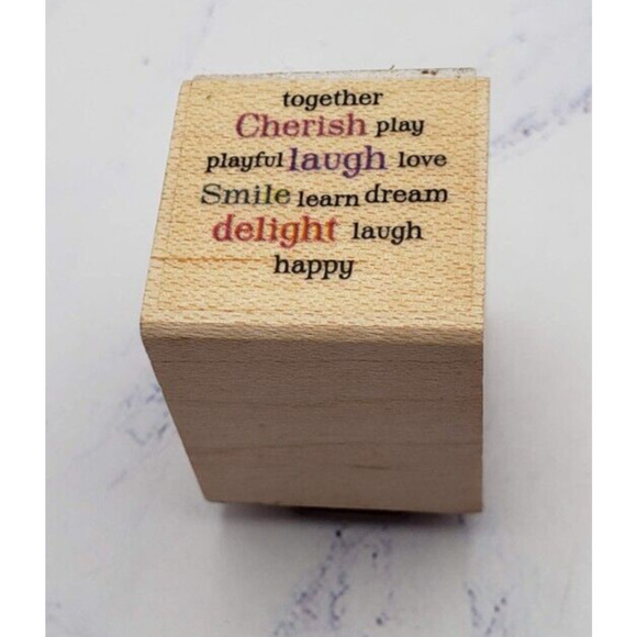 Cherish Laugh Play Small 1x1 Wood Mounted Rubber Block Stamp - Picture 1 of 7